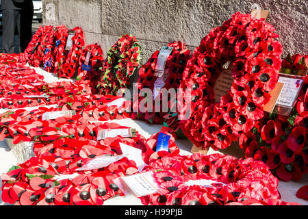 Le corone di papavero rosso circondano il Cenotaph su Whitehall il giorno dell'armistizio a Londra, Regno Unito Foto Stock