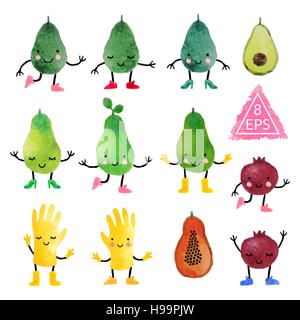Set di vettore disegnati a mano ad acquerello frutti carino con facce. Perfetto per bambini design. Illustrazione Vettoriale