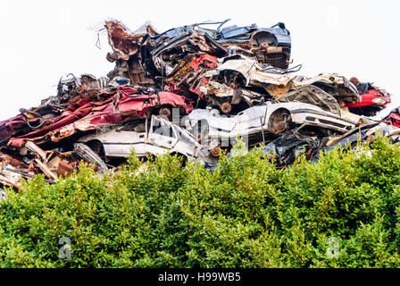 Rottamazione delle auto accatastate alta. Foto Stock