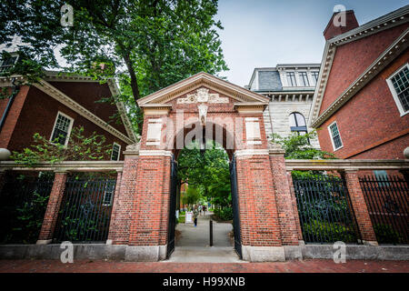 Arco d'ingresso alla Harvard Yard, presso la Harvard University di Cambridge, Massachusetts. Foto Stock