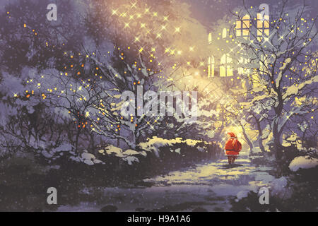 Santa Claus in inverno nevoso vicolo del parco con le luci di Natale su alberi,illustrazione pittura Foto Stock