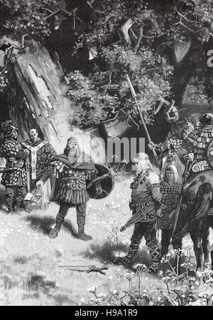 Ragnachar o Ragnarius, morto 509, era una piccola Frankish re regulus che hanno governato da Cambrai, sconfitto da Clovis, Chlodovechus, Chlodwig, 466 - Novembre 27, 511, egli è stato il primo re dei Franchi, illustrazione storico Foto Stock