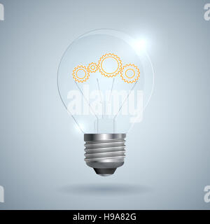 Lampadina con ingranaggio segno su uno sfondo luminoso Foto Stock