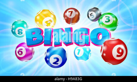 Lotto sfere attorno alla parola Bingo incandescente sfondo blu Foto Stock