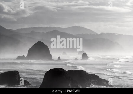 Cannon Beach lungo Oregon Coast su un nebbioso giorno ritratto in bianco e nero Foto Stock
