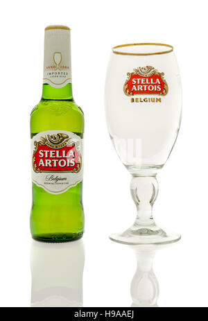 Winneconne, WI - 20 Novembre 2016: Bottiglia di Stella Artois birra con un calice vuoto isolato su un background. Foto Stock