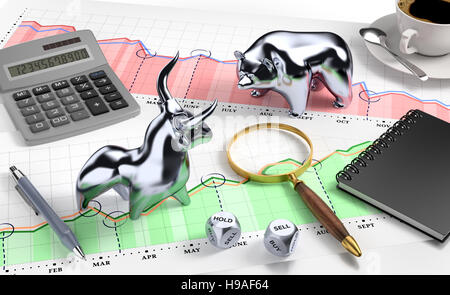 Un toro e un orso su un 'Desktop Stock Market' Foto Stock