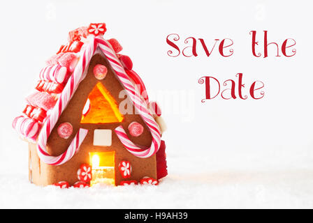 Gingerbread House, sfondo bianco testo Inglese salva la data Foto Stock