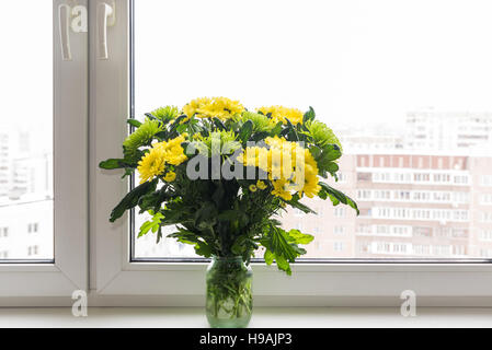 Bouquet di crisantemi giallo e verde sorge sul davanzale Foto Stock