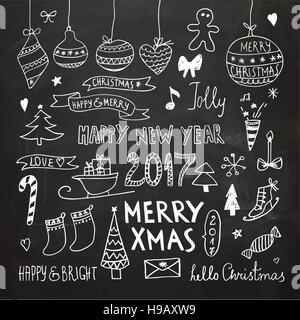 Chalkboard Natale e Anno Nuovo Doodle impostato Illustrazione Vettoriale