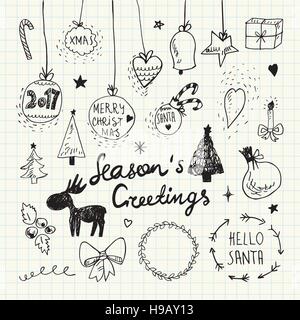 Natale e Anno Nuovo doodle collection Illustrazione Vettoriale