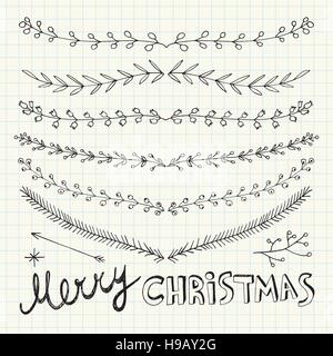 Disegnata a mano il Natale di elementi decorativi, scarabocchi e frontiere Illustrazione Vettoriale