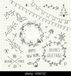 Natale e Anno Nuovo doodle collection Illustrazione Vettoriale