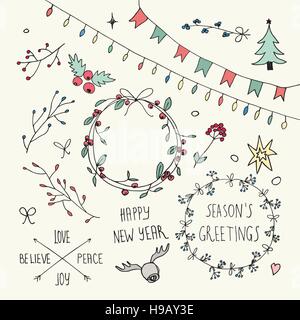 Natale e Anno Nuovo doodle collection Illustrazione Vettoriale