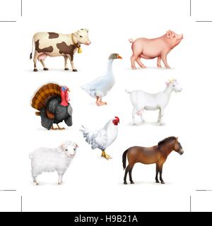Animali e uccelli, farm set di icone vettoriali Illustrazione Vettoriale