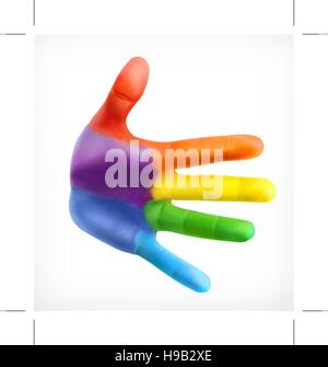 Mano di colore, simbolo di amicizia, mano stampa a colori dell'arcobaleno, icona vettore isolato su sfondo bianco Illustrazione Vettoriale