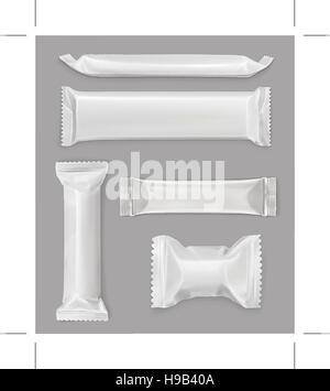 Polietilene Bianco confezione, barra di cioccolato, vettore mockup impostato Illustrazione Vettoriale