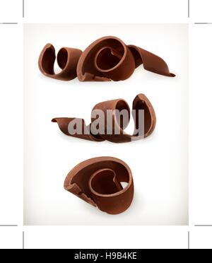 Scaglie di cioccolato, cioccolatini curl, cibo dolce, vector icon set isolato su sfondo bianco Illustrazione Vettoriale