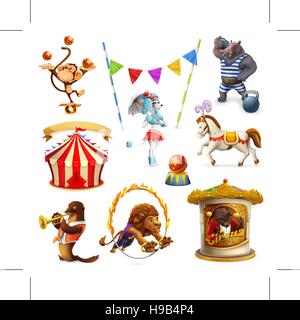 Circus, funny animals, set di icone vettoriali, mesh Illustrazione Vettoriale