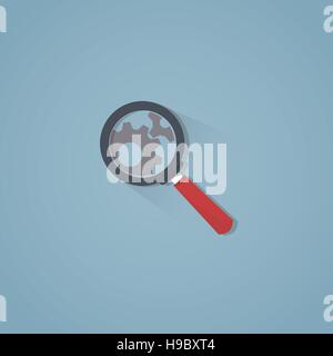 Figura piana. Lente di ingrandimento con il disco piatto cercando le ombre sul lavoro degli ingranaggi. Illustrazione Vettoriale