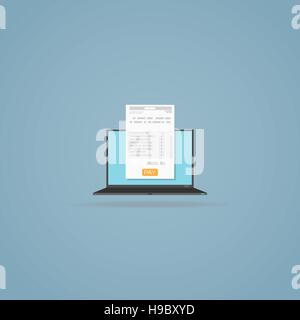 Computer portatile con fattura. Giallo pulsante di pagamento. Modulo Online. Illustrazione Vettoriale