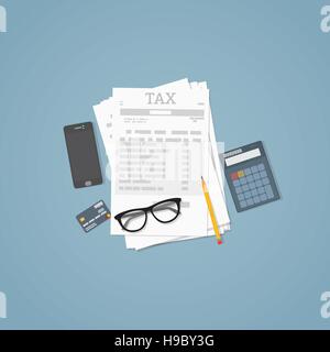 Figura piana. Documenti, matita, documenti commerciali, calcolatrice, bicchieri. Il calcolo delle imposte. Illustrazione Vettoriale