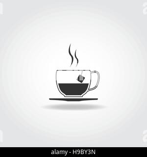 Semplice icona nera con ombra. Tazza da tè con vapore e un sacchetto da tè. Illustrazione Vettoriale
