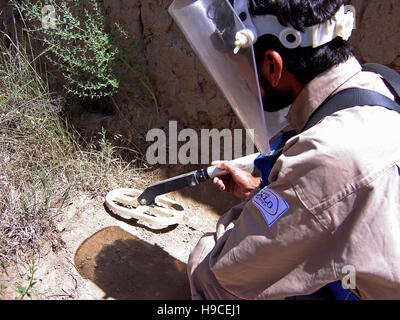 1 giugno 2004 nel villaggio di do Saraka, vicino alla base aerea di Bagram, Afghanistan, un membro del HALO Trust al lavoro per la bonifica delle mine terrestri. Foto Stock