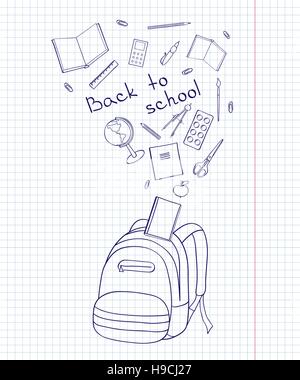 Set di scuola-voci correlate. Sketch-come illustrazione di uno zaino, libri, penne e altri oggetti per gli studi. Background imitando un foglio di carta Illustrazione Vettoriale