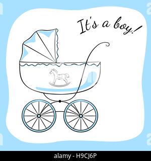 Retrò baby carrello. Sketch-come immagine con accenti di colore, variante per un ragazzo. Baby arrivo scheda annuncio design. Illustrazione Vettoriale