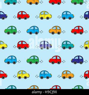 Vettore di Seamless pattern con piccolo grazioso vetture di diversi colori Illustrazione Vettoriale