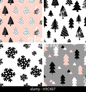 Un set di quattro inverno seamless Repeat patterns con alberi di Natale e i fiocchi di neve. Pannellizzazione sfondo festosa, biglietto di auguri o carta di avvolgimento. Illustrazione Vettoriale