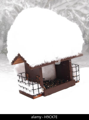 Bird Feeder ricoperta di neve Foto Stock