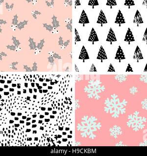 Un set di quattro inverno seamless Repeat patterns con alberi di Natale, agrifoglio e fiocchi di neve. Pannellizzazione sfondo festosa, biglietto di auguri o carta di avvolgimento. Illustrazione Vettoriale