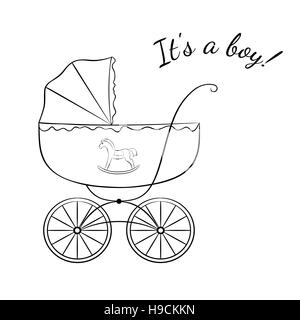 Sketch-come l'immagine di un bambino retrò carrello, variante per un ragazzo. Baby arrivo scheda annuncio design. Illustrazione Vettoriale