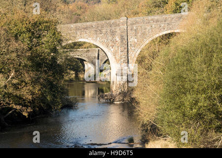 Ponte di due vista in autunno - Rolle e Rothern ponti sul fiume Torridge, grande Torrington, Devon. Foto Stock