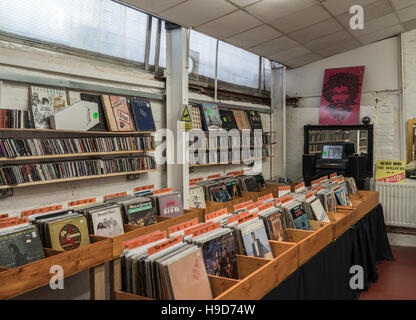 Vari anni sessanta.70's,80's vintage in vinile per la vendita in un secondo lato record store di Liverpool, in Inghilterra, Regno Unito. Foto Stock