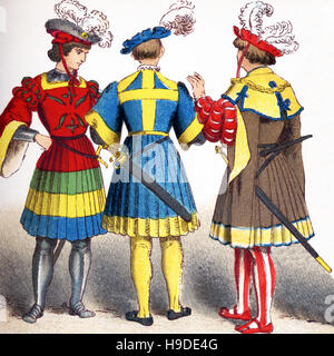 Le figure qui rappresentate sono tedeschi tra 1500 e 1550. Essi sono, da sinistra a destra: due cavalieri e a cittadini di rango in costume di corte,. L'illustrazione risale al 1882. Foto Stock