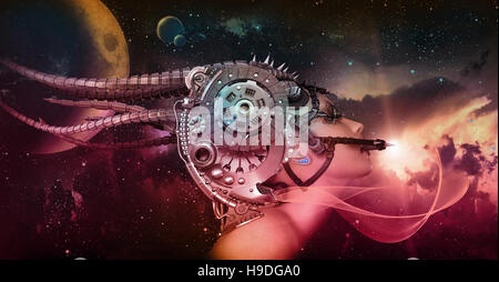 Computer grafica 3d di un cyborg donna con un copricapo in science fiction style Foto Stock