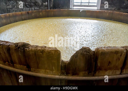 Mash in botte di rovere di vasche di fermentazione all'interno della distilleria di pietra. Foto Stock