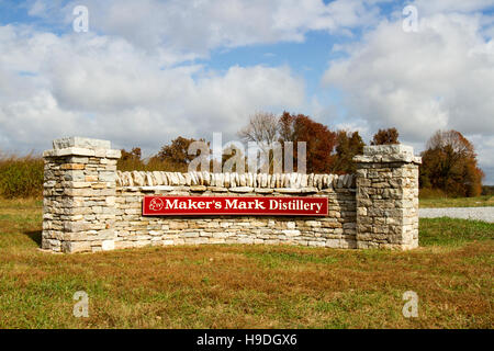 Loreto, KY, Stati Uniti d'America - 21 Ottobre 2016 : Maler di Mark Distillery segno sul muro di pietra a struttura di ingresso. Foto Stock