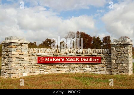 Loreto, KY, Stati Uniti d'America - 21 Ottobre 2016 : Maler di Mark Distillery segno sul muro di pietra a struttura di ingresso. Foto Stock