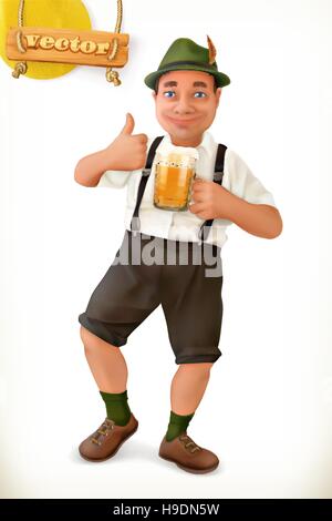 Uomo sorridente con birra, personaggio dei cartoni animati. Oktoberfest. 3d'icona vettore Illustrazione Vettoriale