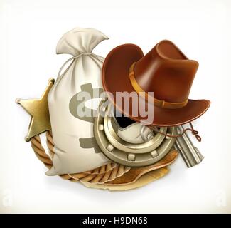 Avventura cowboy. Il logo del gioco. 3d'emblema del vettore Illustrazione Vettoriale