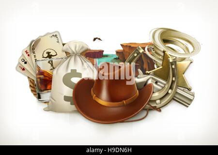 Avventura cowboy. Il logo del gioco. Western in stile retrò. 3d'emblema del vettore Illustrazione Vettoriale
