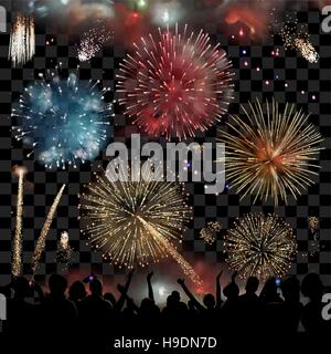 Holiday festa con spettacolo di fuochi d'artificio di notte, silhouette di persone che guardano un festoso spettacolo di fuochi d'artificio, vettore di set di elementi grafici Illustrazione Vettoriale