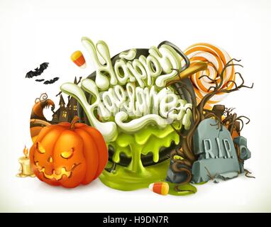 Halloween vettore 3d'emblema. Set di caratteri del fumetto e oggetti, saluti testo happy Halloween per volantini e manifesti Illustrazione Vettoriale