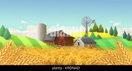 Campo di grano. Paesaggio di fattoria. Sfondo vettoriale Illustrazione Vettoriale