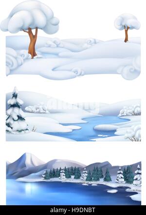 Sfondo di natale. Paesaggio invernale. Vettore 3d set di banner Illustrazione Vettoriale