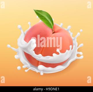 Pesca e latte splash. Frutta e yogurt. Illustrazione realistica. 3d'icona vettore Illustrazione Vettoriale